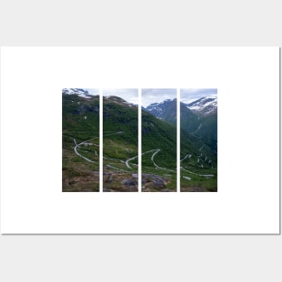 Wonderful landscapes in Norway. Vestland. Beautiful scenery of winding roads and snowed mountains from the Gaularfjellet scenic route. Cloudy day. Posters and Art